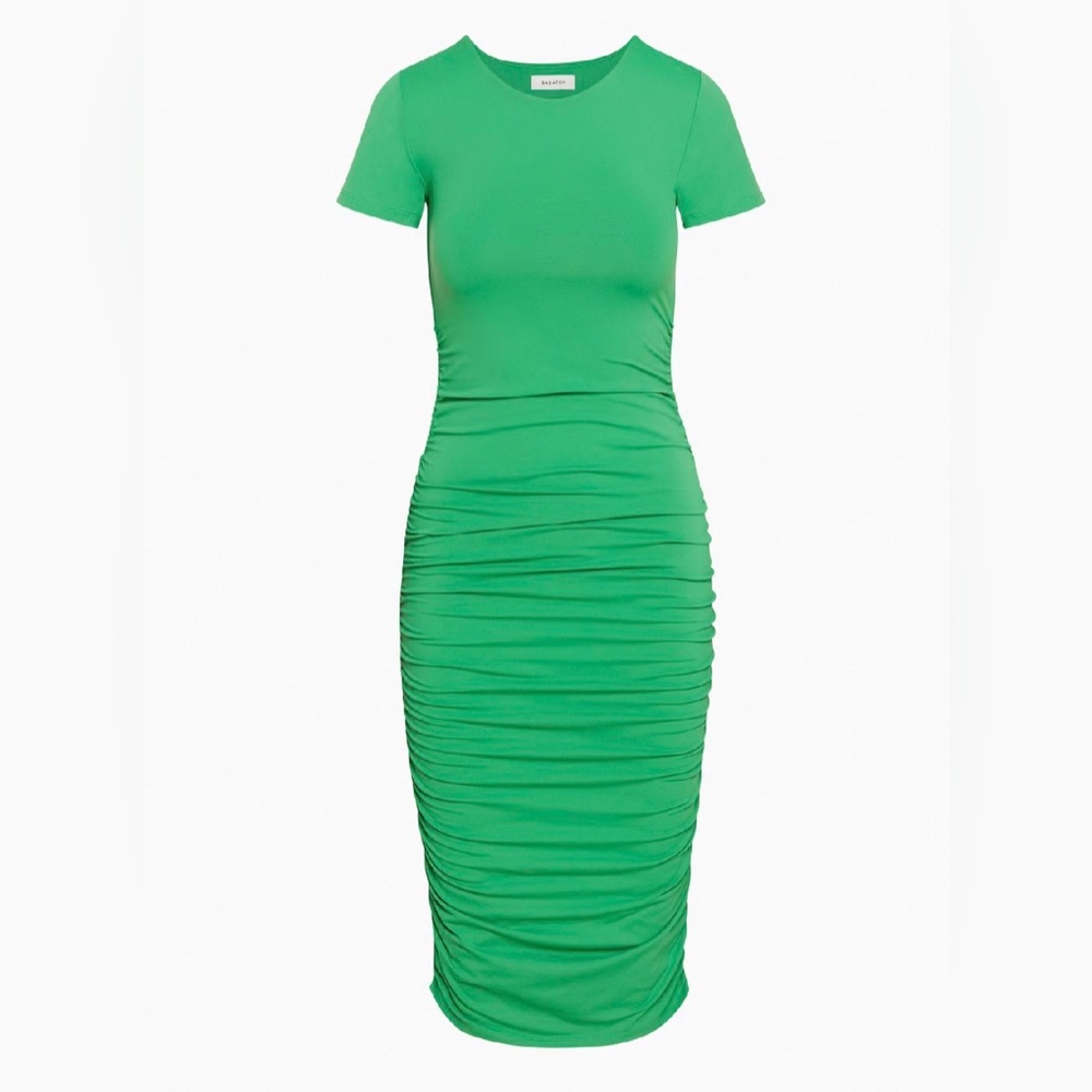 Babaton Aritzia Emerald Green Ruched Bodycon Midi Dress XS Sculpted Contour NWOT
